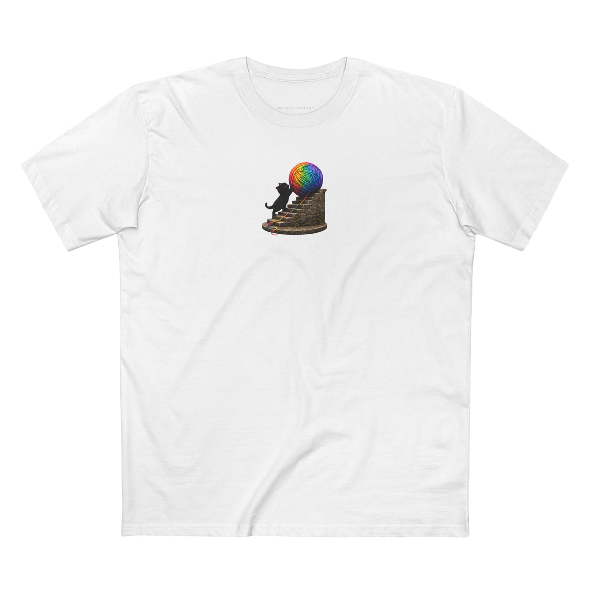 The Existentialist — Sisyphean Black Cat Pushing Yarn Giant Ball Graphic Tee